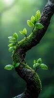 Tree branch covered in lush green moss and leaves in springtime photo