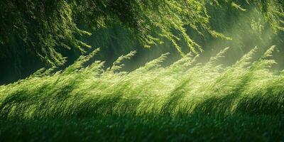 Sunlight filtering through willow tree branches in springtime photo