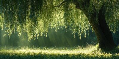 Sunlight shining through weeping willow tree branches in summer photo