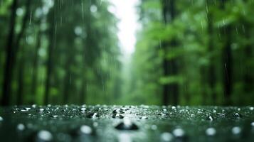 Tiny droplets scattered across glass with a misty forest blurred in the background photo