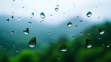 Close up of clear raindrops on a foggy glass window with blurred background photo
