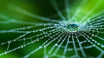 Magnified shot of morning dew on a spider web each droplet acting as a tiny lens photo