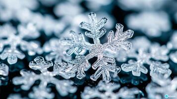 Macro image of snowflake clusters melting into droplets on a glass surface photo