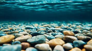 Macro shot of submerged pebbles seen through clear rippling water in a shallow stream photo