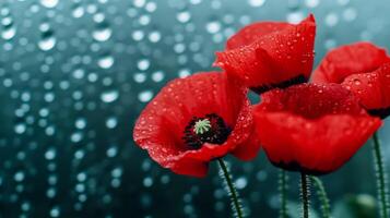 Red poppies behind glass droplets forming patterns in the foreground photo