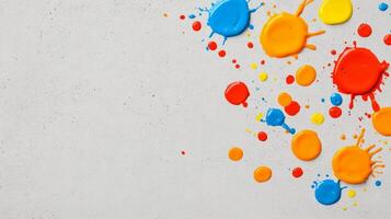 Multicolor paint bubbles bursting with vivid splashes on a textured grey background photo