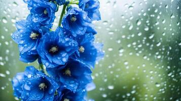 Delphiniums in vivid blue behind a pane of glass covered in fresh rain photo