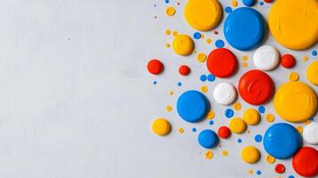 Multicolor paint bubbles bursting with vivid splashes on a textured grey background photo