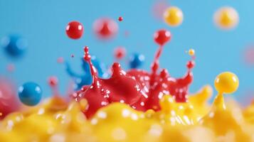 Macro shot of yellow red and blue paint bubbles with a soft blurred gradient background photo