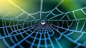 Macro shot of a spider web with morning dew droplets reflecting rainbow colors photo