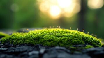 Micro detail of tree bark with vibrant moss and tiny crawling insects in focus photo