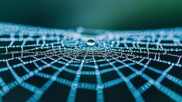 Macro image of raindrops on a spiders web glistening in the sunlight photo
