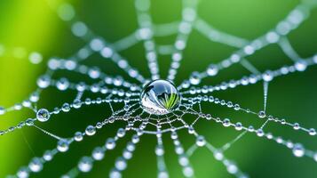 Macro image of raindrops on a spiders web glistening in the sunlight photo