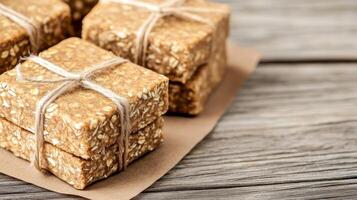 Honey and oat bars wrapped in brown paper tied with twine on a wooden market stall background photo