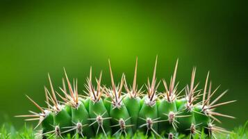 Magnified shot of cactus spines against a blurred green background photo