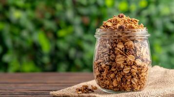 Honey flavored granola in a glass jar with a burlap sack market stall background rustic feel photo