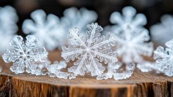 Macro view of snowflakes resting on a piece of wood showing unique crystalline shapes photo
