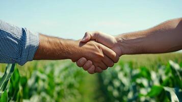 A handshake between two farmers in a lush field of corn, under a clear blue sky photo