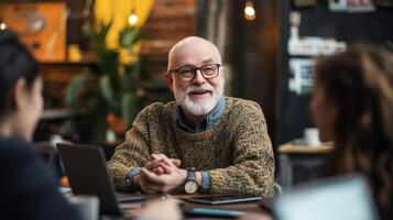 Senior man working as a mentor in a startup incubator, surrounded by his entrepreneurs, confident and wise photo