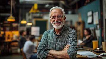 Senior man working as a mentor in a startup incubator, surrounded by his entrepreneurs, confident and wise photo