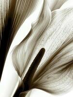 calla lilies blooming, bathed in soft light, exudes serenity and grace against a muted pure backdrop. A striking X-ray image, minimalist form and light photo