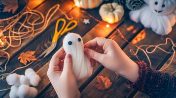 Hands crafting small ghost decoration with eco-friendly materials photo