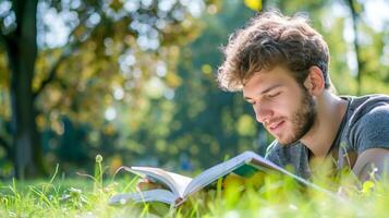 Young man reading book while lying on grass in sunlit park, enjoying peaceful moment of relaxation and learning. Concept of mindfulness, outdoor leisure, and embracing slow-paced lifestyle photo