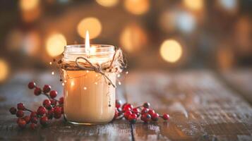Lit candle in glass jar with rustic twine bow, accompanied by red berries on wooden table, creating warm and cozy holiday ambiance. Concept of sustainable Christmas, handmade gifts, and festive warmth photo