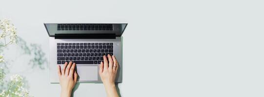 Womans hands working on laptop on blue background with flowers photo