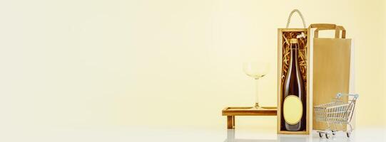 bottle of champaign with paper bag and shopping cart on gradient background photo