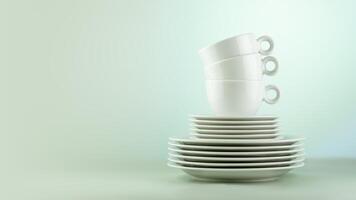 Empty white dishes and cups on gradient background with copy space photo