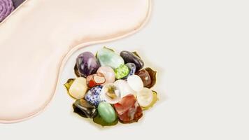 Relaxing ritual with crystals gemstones set and sleep mask on white background photo
