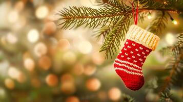 Handmade knitted Christmas stocking in red and white hanging on tree branch, promoting sustainable and eco-friendly holiday decor. Concept of green Christmas, DIY crafts, and festive warmth photo