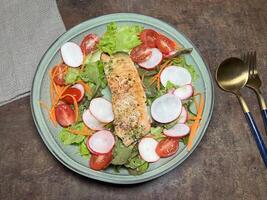 A perfectly cooked salmon fillet with a herb crust, served on a bed of fresh greens with cherry tomatoes and radishes on rustic table photo