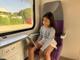 Happy Asian little girl sitting in train passenger seat watching using mobile tablet with expressive face. Modern lifestyle. Gadget Addictive. photo