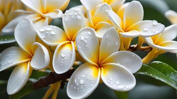 realistic frangipani flowers, the morning atmosphere is cool, with dew on the flowers photo