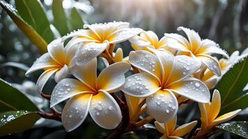realistic frangipani flowers, the morning atmosphere is cool, with dew on the flowers photo