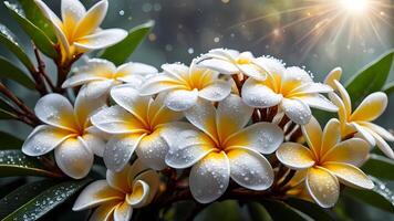 realistic frangipani flowers, the morning atmosphere is cool, with dew on the flowers photo