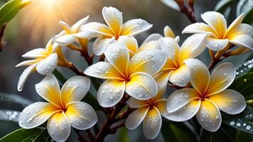 realistic frangipani flowers, the morning atmosphere is cool, with dew on the flowers photo