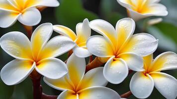 realistic frangipani flowers, the morning atmosphere is cool, with dew on the flowers photo