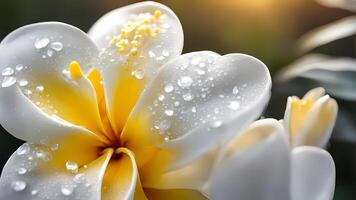 realistic frangipani flowers, the morning atmosphere is cool, with dew on the flowers photo