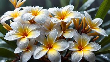 realistic frangipani flowers, the morning atmosphere is cool, with dew on the flowers photo