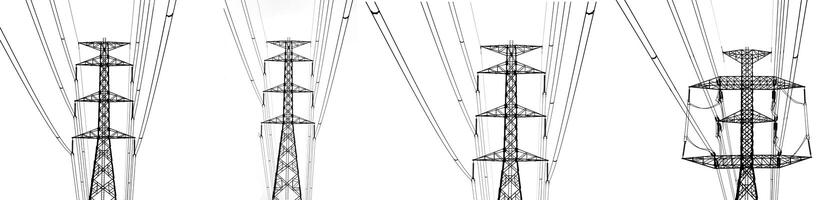 High Voltage Power Lines and Transmission Towers Isolated on White Background for Energy and Infrastructure Concepts photo