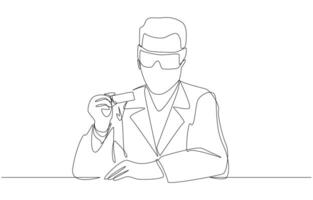 Continuous one line drawing of scientist holding and looking at glass microscope slide, laboratory and thin section preparation concept, single line art. vector