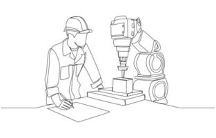 Continuous one line drawing of engineer checking performance of lathe robot arm, robotics engineering concept, single line art. vector