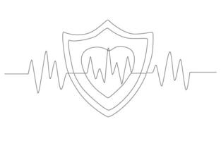 Continuous one line drawing of heart pulse within shield, health insurance concept, single line art. vector