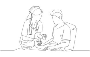 Continuous one line drawing of nurse dispensing medication to a patient on bed, inpatient treatment concept, single line art. vector