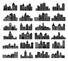 Landscape set of buildings silhouetted of low-rise and high-rise complexes and skyscrapers. Structural constructions placed urban objects vector
