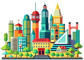 Landscape set of buildings silhouetted on white background. Outline of low-rise and high-rise complexes and skyscrapers. Structural constructions placed urban objects vector