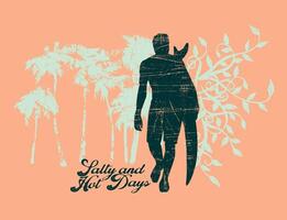 Surfer silhouette illustration with coconut trees and decorative elements. vector